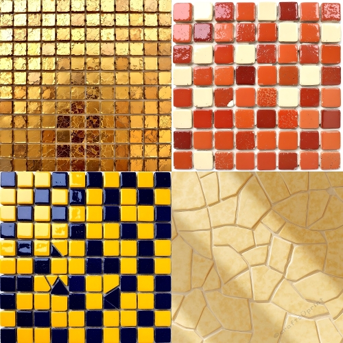 Colorful Mosaic Quadrants – Gold, Red & Cream, Yellow & Blue, Beige Tile Abstract Art
