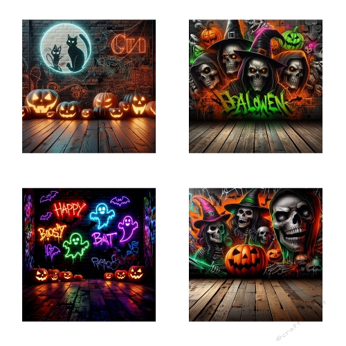Vibrant Halloween Wall Art Set – Neon Pumpkins, Spooky Skulls, Witch & Cat, Colorful Ghosts