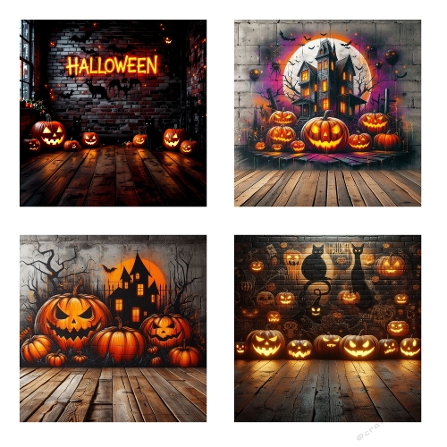 Halloween Photo Set – Carved Pumpkins, Bats, Cobwebs & Spooky Sign with Warm Lighting