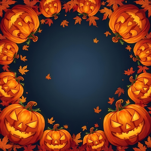 Glowing Jack-O-Lanterns Halloween Illustration – 10 Spooky Pumpkins with Autumn Leaves