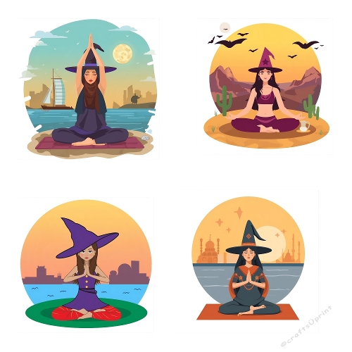 Witches Yoga Illustration – 4 Cartoon Witches in Yoga Poses, Colorful Urban & Nature Backgrounds