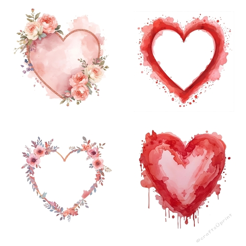 Watercolor Floral Hearts – 4 Romantic Heart Designs with Red Paint Splashes & Delicate Frames