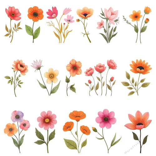 Watercolor Flower Collection – 16 Colorful Floral Illustrations with Unique Petals & Green Leaves