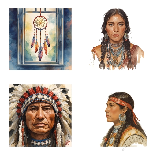Native American Watercolor Collage – Man & Woman Portraits with Dreamcatcher, Cultural Art