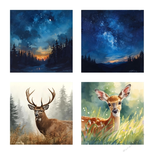 Deer & Nature Watercolor Collage – Forest Night, Serene Lake, Meadow Deer & Close-Up Wildlife Art