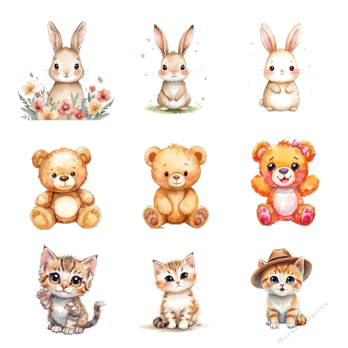 Cute Watercolor Animal Collage – 9 Adorable Fluffy Friends, Bunnies, Bears & Kittens Illustration