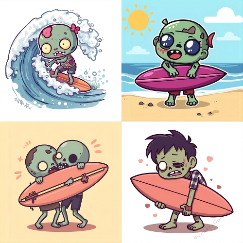Zombie Kids Surfing Cartoon – 4-Panel Beach Fun Illustration, Colorful Halloween Surf Art