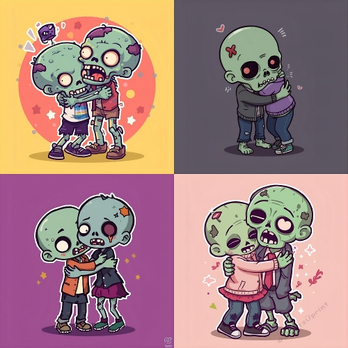Cute Cartoon Zombie Kids – 4 Digital Characters with Unique Outfits & Expressions, Pastel Backgrounds