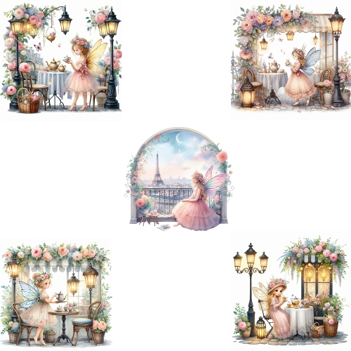 Paris Fairy Collage – 4 Whimsical Pastel Scenes with Fairies, Flowers & Lanterns, Magical Paris Art