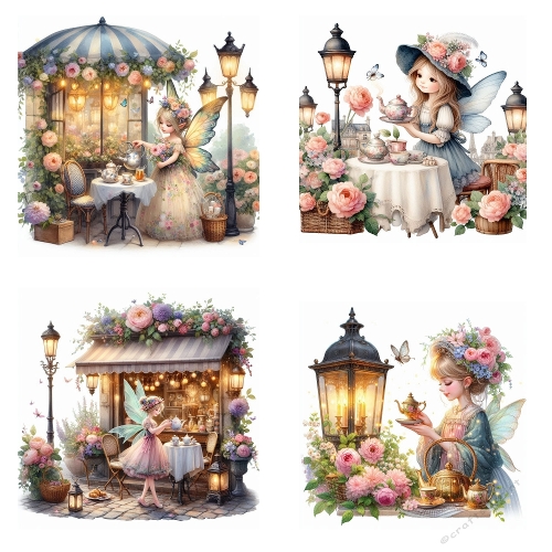 Whimsical Fairy Café Collage – 4 Pastel Fairy Scenes with Tea Party, Lanterns & Floral Garden Magic