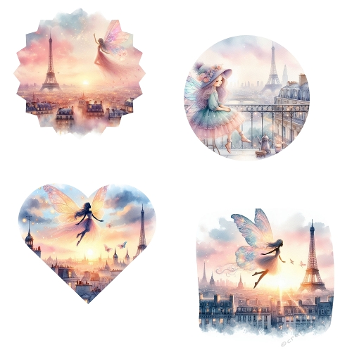 Paris Fairy Dream Collage – 4 Watercolor Circles with Fairies over Eiffel Tower & Louvre, Pastel Fantasy Art