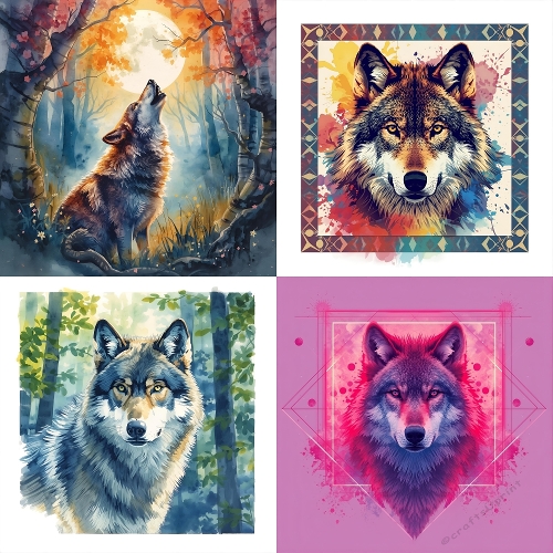 Vibrant Wolf Forest Collage – 4 Watercolor Digital Paintings with Earthy, Fiery, Cool & Geometric Styles