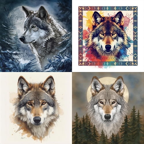 Wolf Portrait Collage – 4 Detailed Artistic Wolf Faces with Unique Styles, Emotions & Backgrounds