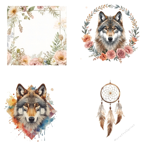 Watercolor Wolf Illustration – Wolf Head with Floral Wreaths & Dreamcatchers, Pastel Square Artwork