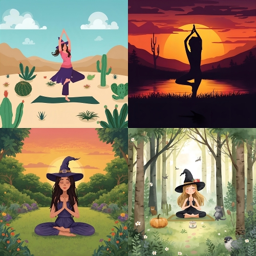 Young Witch Yoga Digital Art – 4 Vibrant Scenes in Desert, Forest, Cactus Garden & Forest Clearing