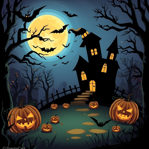 Spooky Halloween Digital Illustration – Haunted House, Full Moon, Bats & Carved Pumpkins in Graveyard