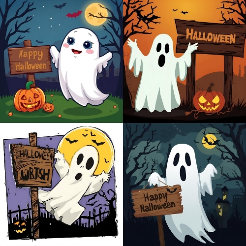 Cute Halloween Cartoon Collage – 4 Spooky Scenes with White Ghosts, Jack-O-Lanterns & Night Sky