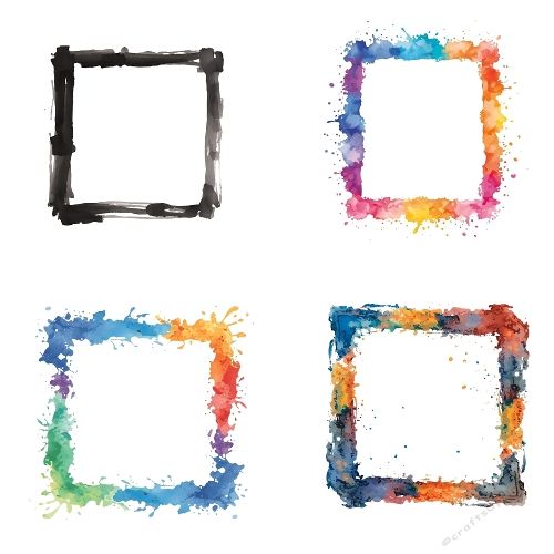 Abstract Watercolor Frames – 4 Splattered Edge Frames in Black, Multicolor, Blue & Orange on White