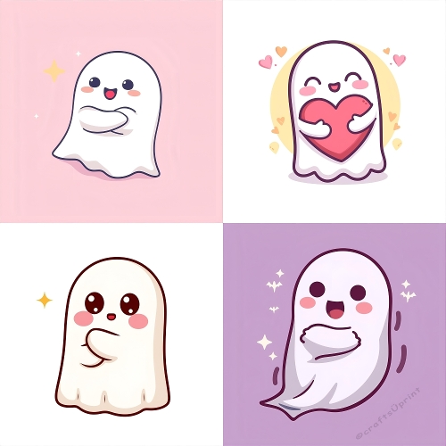 Cute Ghost Girl Collage – 4 Panels with Hearts, Blushing Expressions, Sparkles & Simple Shading