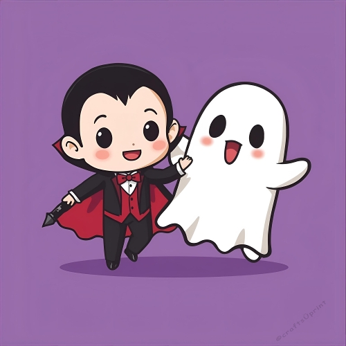 Chibi Vampire Boy with Ghost – Cute Halloween Digital Art, Purple Background, Red Cape & Heart