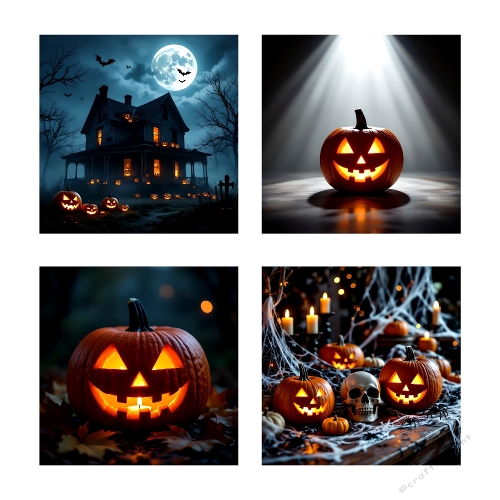 Halloween Photo Collage – 4 Spooky Scenes with Jack-O-Lanterns, Haunted Houses & Graveyards (1200x1200 px JPEG)