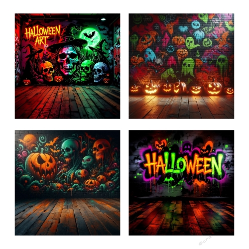 Halloween Graffiti Collage – 4 Vibrant Murals with Skulls, Pumpkins, Bats & Neon HALLOWEEN on Wood (1200x1200 px JPEG)