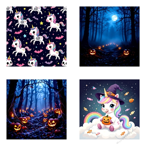 Whimsical Halloween Collage – 4 Images with Dark Forest, Glowing Jack-O-Lanterns, Unicorn & Witch