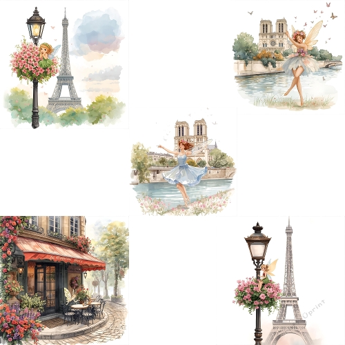 Paris Fairy Watercolor – Whimsical Pastel Illustration with Fairy, Eiffel Tower & Charming Café