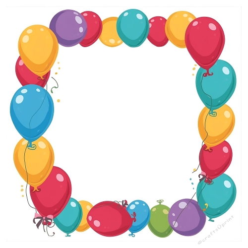 Colorful Balloon Border – Vibrant Red, Yellow, Blue & Purple Balloons with Curly Strings (1200x1200 px JPEG)
