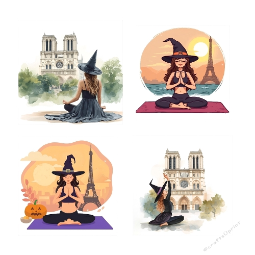 Whimsical Witch Meditation – 4 Watercolor Scenes at Notre-Dame, Eiffel Tower, Pumpkin Patch & Parisian Building (1200x1200 px JPEG)