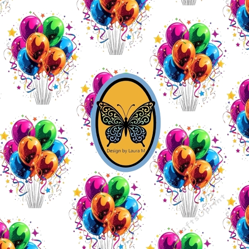Colorful Balloon Grid – Red, Green, Blue & Purple Balloons with Ribbons, Confetti & Stars (1200x1200 px JPEG)