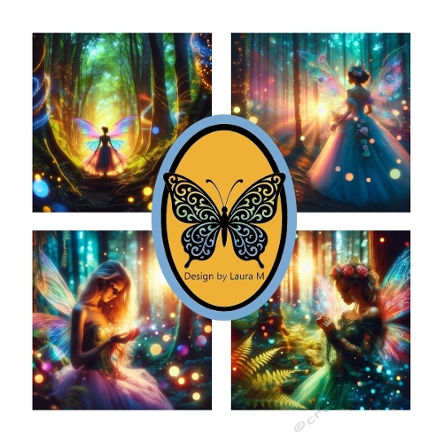Fairy Digital Illustration Collage – 4 Vibrant Fairies with Glowing Crowns, Wings & Sparkling Forests (1200x1200 px JPEG)