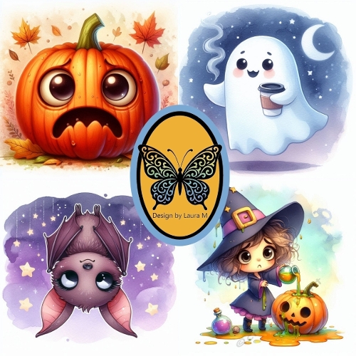 Whimsical Halloween Characters – Pumpkin, Cute Ghost, Wide-Eyed Bat & Witch with Jack-O-Lantern (1200x1200 px JPEG)