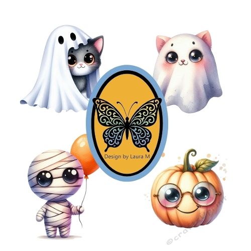 Cute Halloween Characters – Black Cat Ghost, White Ghost Cat, Pumpkin Baby & Pumpkin with Glasses (1200x1200 px JPEG)