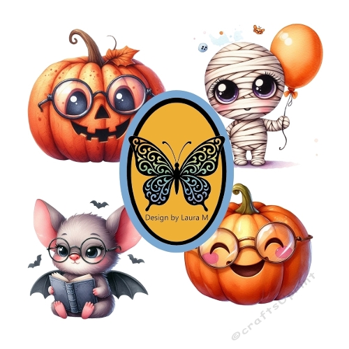 Cute Halloween Pumpkins – 4 Adorable Pumpkin Characters with Glasses, Bat, Ghost & Jack-O-Lantern (1200x1200 px JPEG)