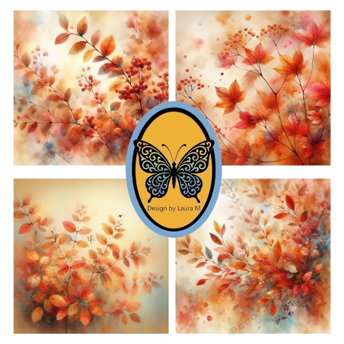 Autumn Watercolor Branches – 4 Digital Illustrations with Orange, Red & Brown Leaves on Pastel Backgrounds (1200x1200 px JPEG)