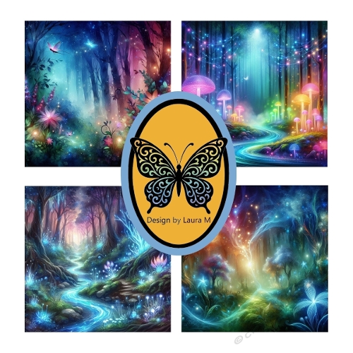 Enchanted Neon Forests – Set of 4 Magical Digital Scenes with Glowing Mushrooms and Starry Nights