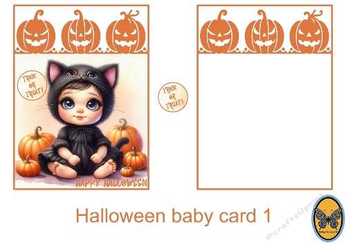 Halloween Card – Adorable Baby with Big Blue Eyes in Black Cat Costume
