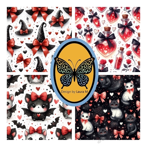 Whimsical Halloween Patterns – 4 Digital Panels with Bats, Witches Hats, Potions & Cats