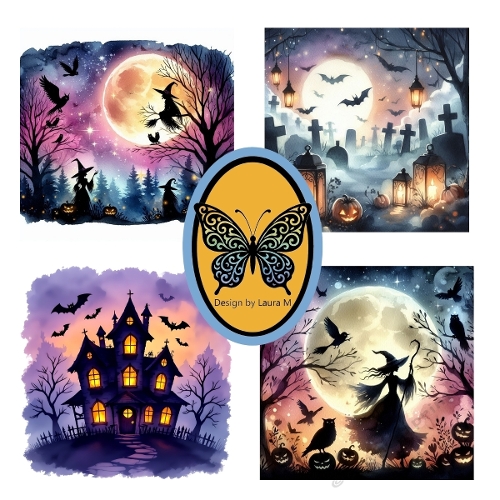 Halloween Watercolor Set – 4 Spooky Illustrations with Witches, Pumpkins, Bats & Haunted House