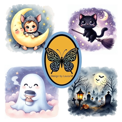 Whimsical Halloween Pastel Set – 4 Cute Digital Scenes with Baby Witch, Black Cat, Ghost & Graveyard