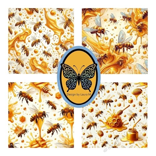 Honey-Themed Digital Grid – 4 Vibrant Illustrations with Bees, Honeycomb & Dripping Honey