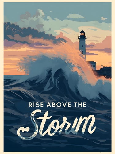 Rise Above the Storm – Inspirational Lighthouse Poster Digital Illustration