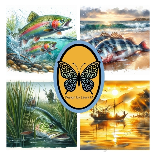 Watercolor Fish Collage – 4 Vibrant Scenes in One 1200x1200px JPEG