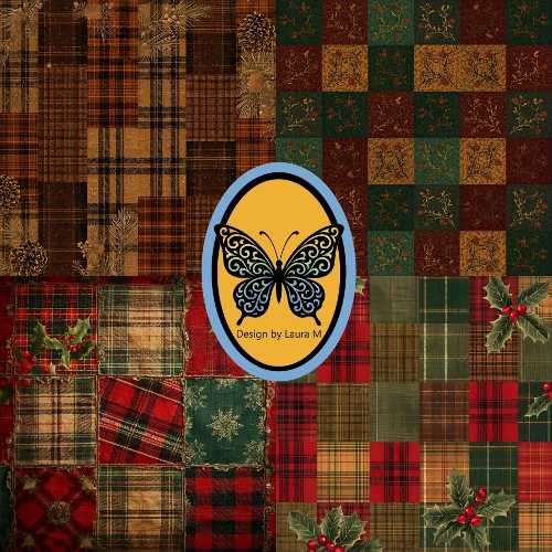 Autumn Quilt Photograph – 4-Section Cozy Fall Patterns with Plaid, Pinecones, Holly & Snowflakes