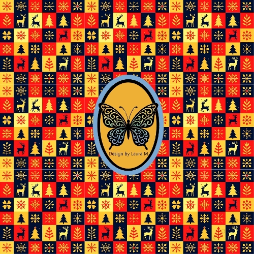 Christmas Checkerboard Pattern – Red & Yellow Trees, Snowflakes, Reindeer & Pine on Navy