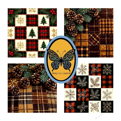 Holiday Fabric Swatch Set – 4 Festive Patterns with Pinecones, Christmas Trees & Snowflakes