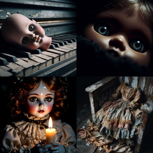 Porcelain Doll Collage JPEG, Creepy Gothic Doll with Candle & Piano, 1200x1200px Digital Art