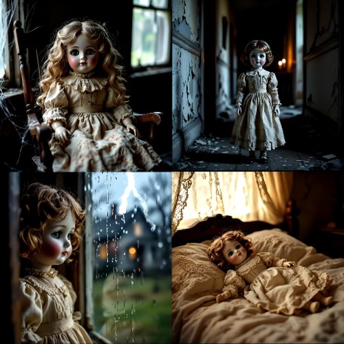 Porcelain Doll Collage JPEG, Victorian Blonde Doll in Eerie Settings, 1200x1200px Gothic Digital Art