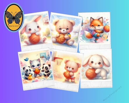 Title: Kit 6 Watercolor Pastel Animals Playing Basketball  Cute Whimsical JPEG Set